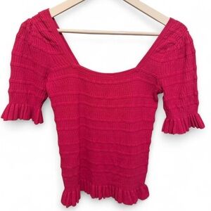 Adam Lippes Pink Smocked Ribbed Knit Ruffle Sleeve Top